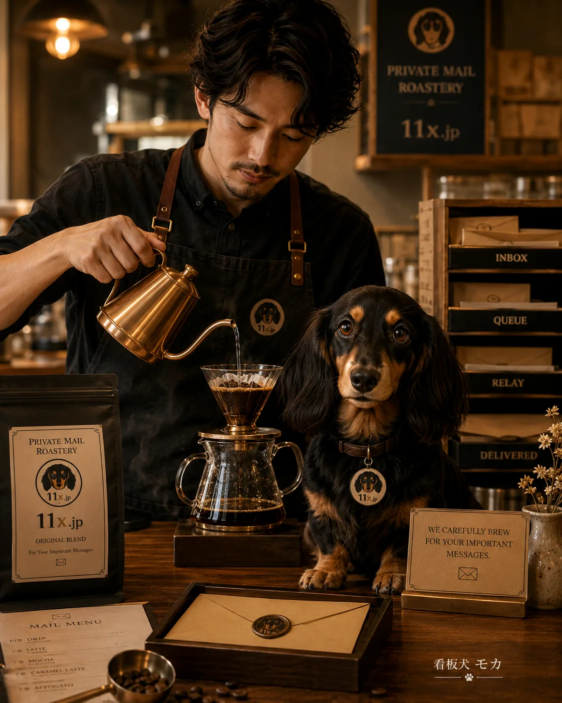コーヒーを淹れるオーナーと看板犬モカ